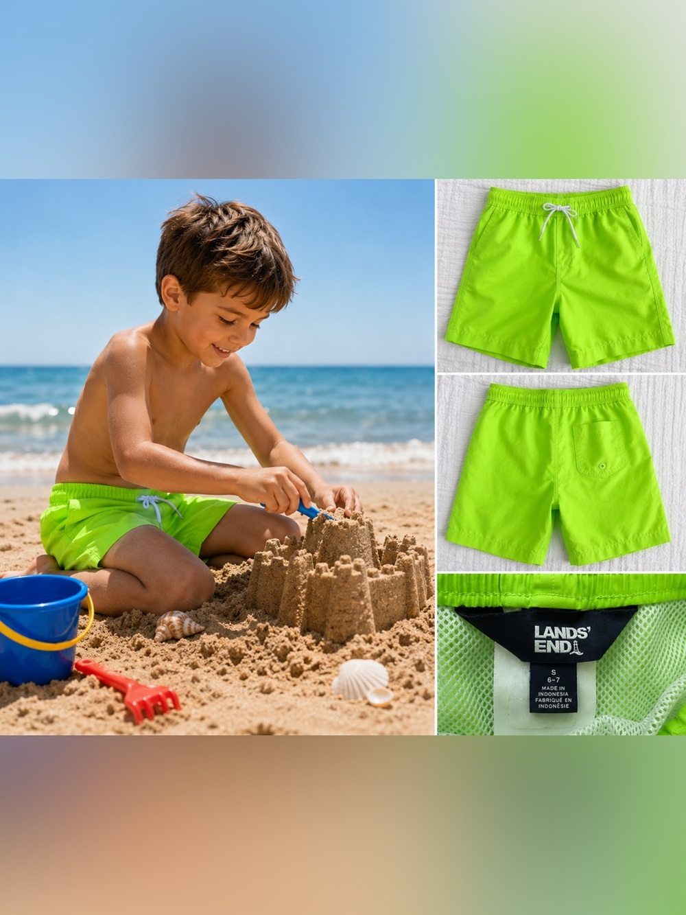 Lands’ End Neon Green Swim Trunks Boys S (6-7) Mesh Lined Board Shorts